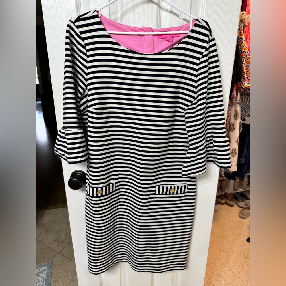 Lilly Pulitzer Black and White Striped Midi Dress with Pink Lining